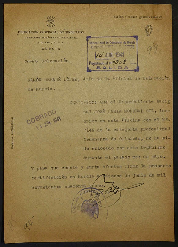 Expediente nº 99/1941 de beneficiario del subsidio al excombatiente de José María Monreal Gil